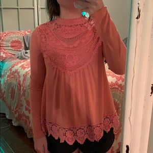 pink long sleeve high neck top with lace